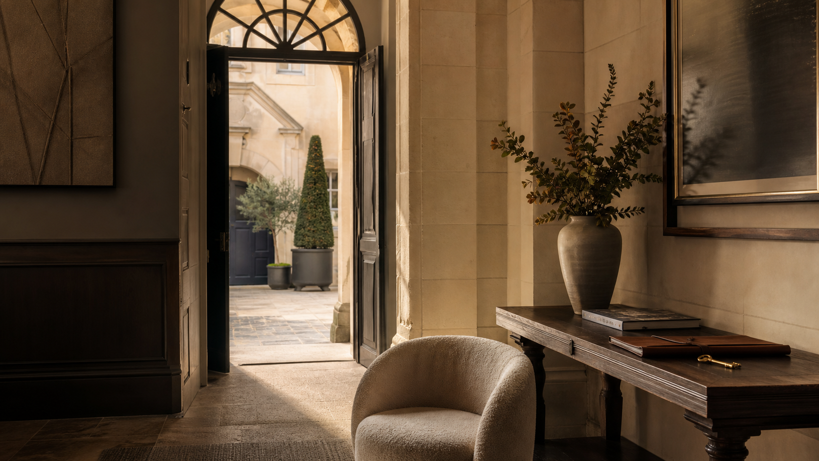 Salon d’un hôtel particulier, ouvert sur une cour en pierre de Loire
